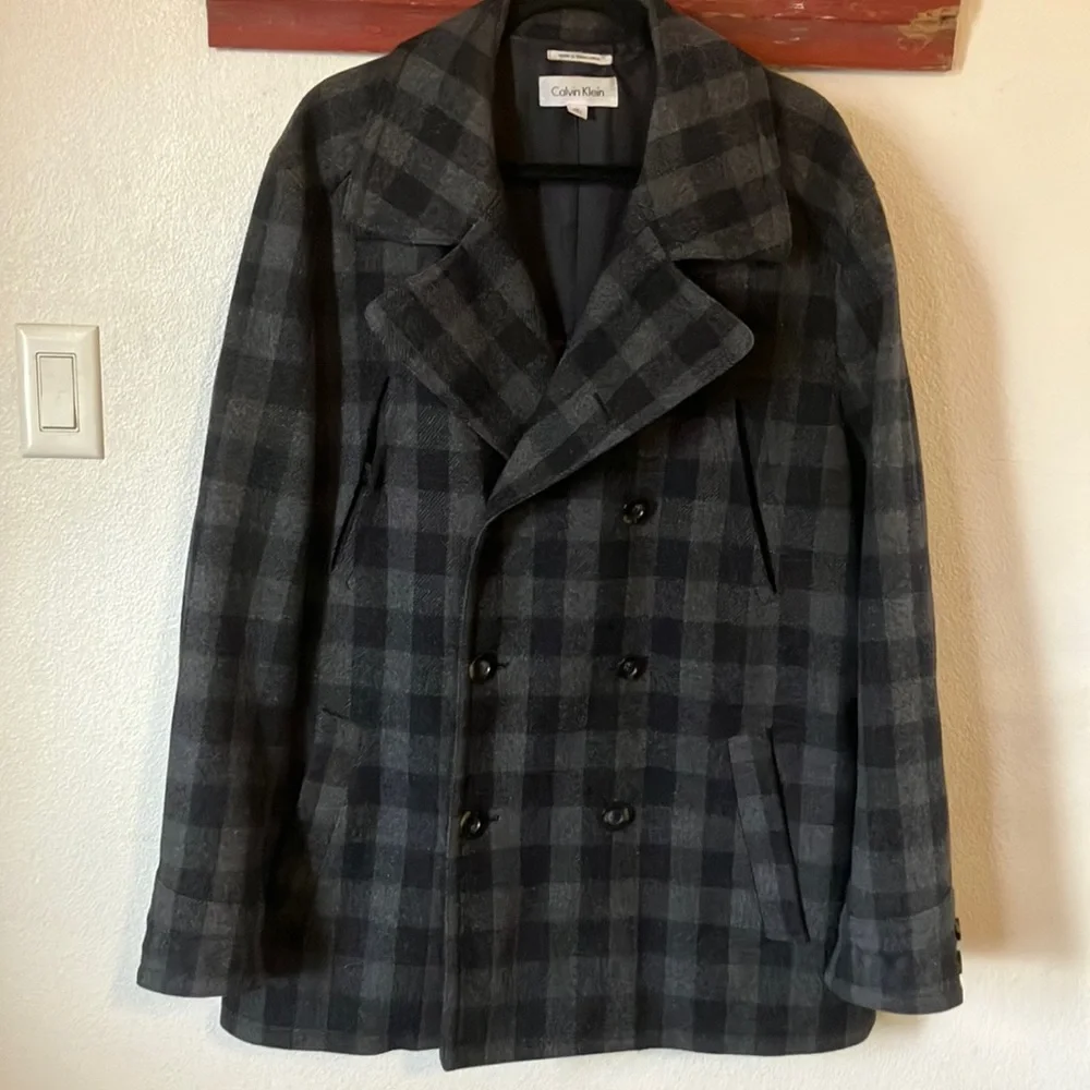 Calvin Klein Black and Gray Plaid Pea Coat - Picture 1 of 8